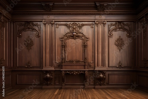 Luxury wood paneling background or texture highly crafted classic traditional wood paneling  with a frame pattern often seen in courtrooms premium hotels and law offices 