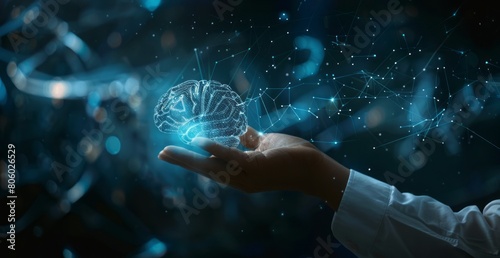A hand holding up an AI brain with digital data flowing through it, symbolizing the integration of artificial intelligence in business photo
