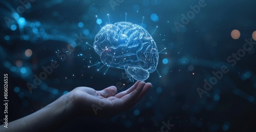 A hand holding up an AI brain with digital data flowing out of it, representing the integration and conceptualization process in artificial intelligence development for business success photo