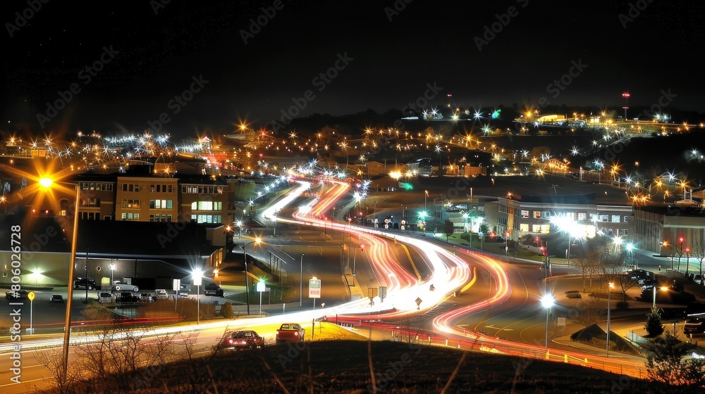 Nighttime long exposure of a road. A vibrant long exposure shot capturing the dynamic lights of cars traversing a road at night, reflecting the urban pulse