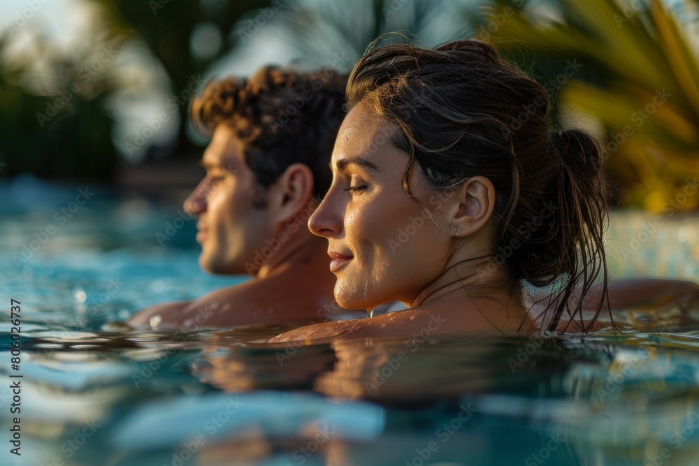 A man and a woman are in a pool, both smiling and enjoying the water A man and a woman are in a pool, both smiling and enjoying the water
