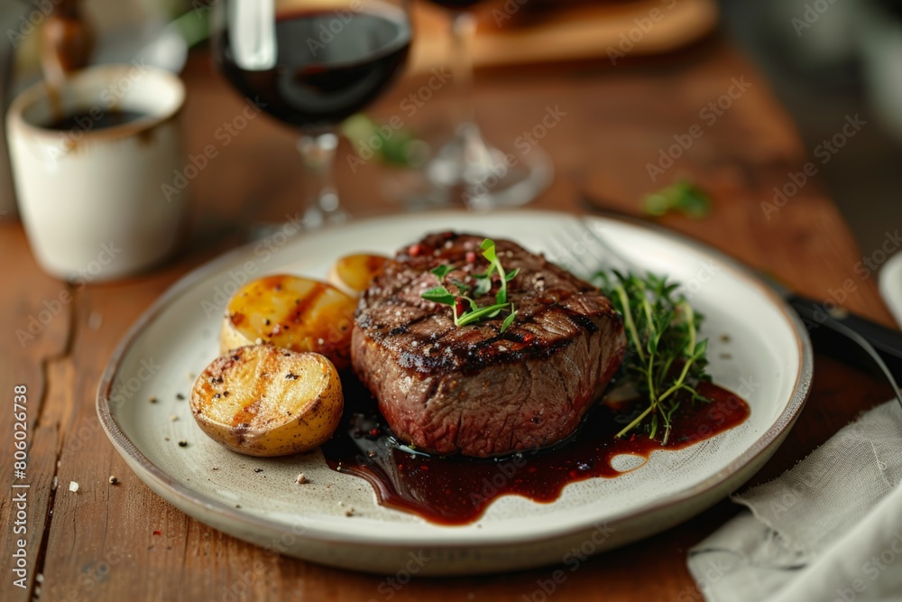 Beef Steak, Perfectly grilled steak on plate, garnished with fresh herbs; roasted lemon halves add a touch of citrus, underlined by rich wine sauce, pairing with wine glass and rustic wooden table. Beef Steak, Perfectly grilled steak on plate, garnished with fresh herbs; roasted lemon halves add a touch of citrus, underlined by rich wine sauce, pairing with wine glass and rustic wooden table.
