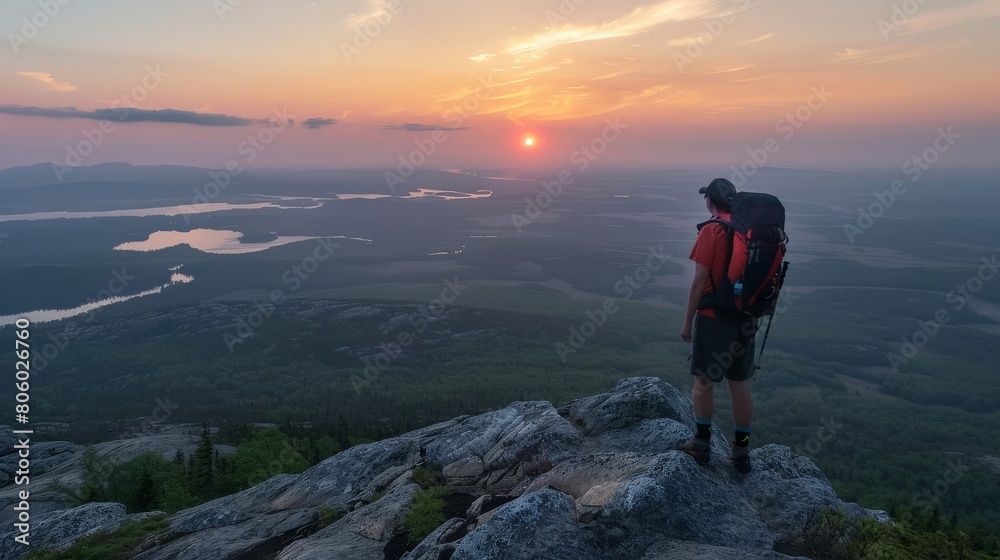 Hiker reaching the summit at sunrise, overlooking a vast June landscape