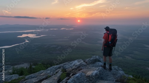 Hiker reaching the summit at sunrise, overlooking a vast June landscape