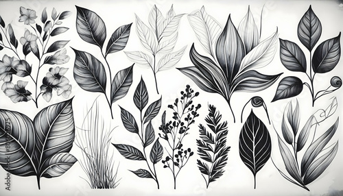 black and white illustrations leaves and grass set  Collection botanic garden elements on digital art concept.