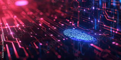 Fingerprint authentication to access secure computer network and digital system. Cyber security with biometrics technology. Illustration with icons and electronic circuit board for banner background