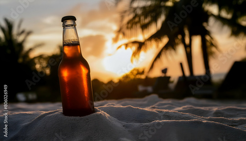 Beer bottle on Sand with blurred Palm and tropical beach bokeh background on digital art concept.