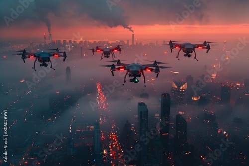 Aerial view shows drones flying above city engulfed in evening smog, lit by eerie red lights. Smoke rises subtly in background, blending with dense, shadowy clouds. Emphasizes environmental impact