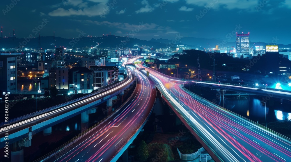 Obraz premium Nighttime long exposure of a road. A vibrant long exposure shot capturing the dynamic lights of cars traversing a road at night, reflecting the urban pulse
