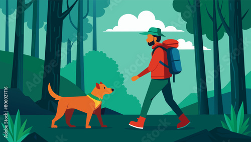 A lone hiker walks through the woods with their AI dog companion by their side alert and watchful for any potential dangers.. Vector illustration