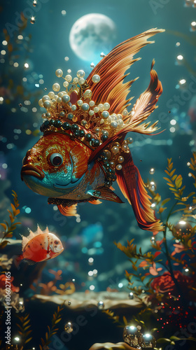 Dive into a surreal underwater world where fish wear crowns, illuminated by a moon made of pearls, all from a mesmerizing eye-level angle