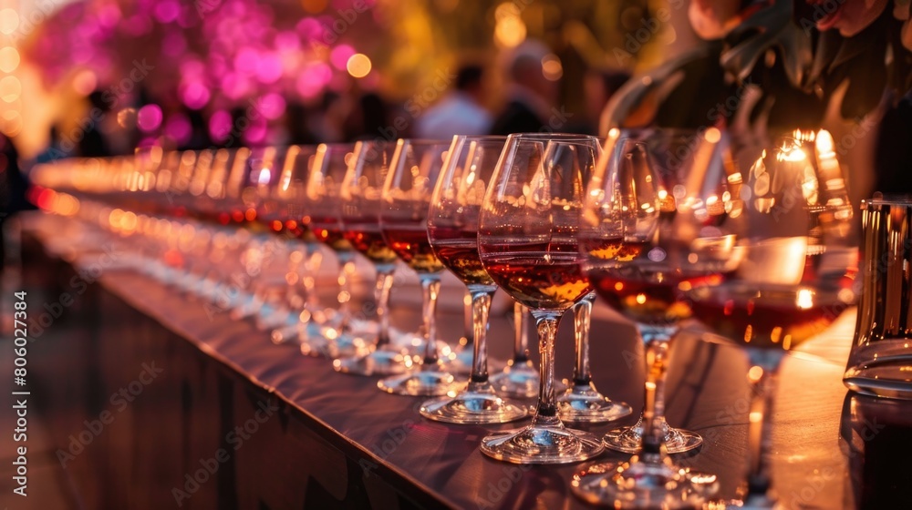Cognac glasses on table, stylish glasses with cognac or whiskey on table at wedding reception. alcohol bar. tasty drinks for celebrations and events. luxury stylish catering.