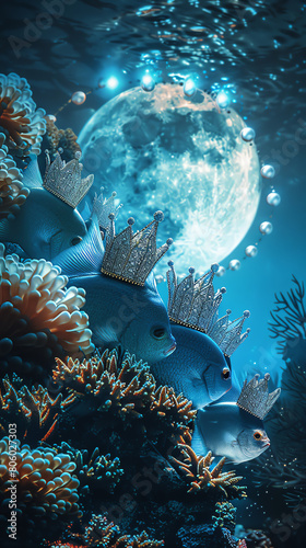 Dive into a surreal underwater world where fish wear crowns  illuminated by a moon made of pearls  all from a mesmerizing eye-level angle