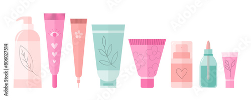 Set of skincare products organic cosmetics in flat style. Vector different shapes cream tubes set