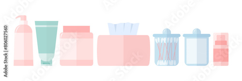 Set of beauty and spa items. Box tissue, tips in glass, cream jars and skin organic cream bottle vector set