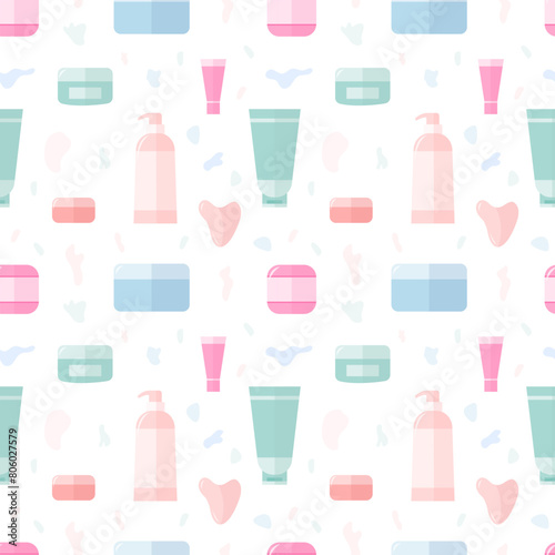 Skin care organic cream tubes and bottles vector seamless pattern (ID: 806027579)