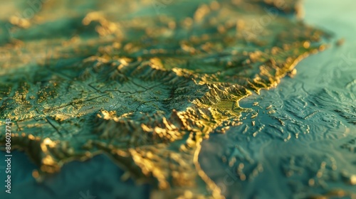 state map of America ,USA Craft a 3D-rendered, photorealistic close-up shot of a state map, highlighting the texture and depth of the terrain and landmarks with meticulous precision.,