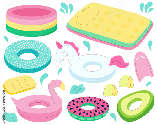 Set Inflatable Rubber Rings. Vector set of inflation rubber toys and kids lifesavers, plastic mattress, flamingo, donut, avocado and unicorn rings photo