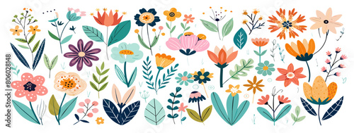 Flower collection with leaves, floral bouquets. Vector flowers. Spring art print with botanical elements. Happy Easter. Folk style. Posters for the spring holiday. icons isolated on white background.