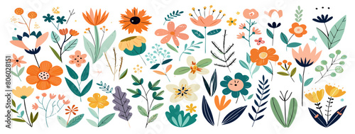 Flower collection with leaves, floral bouquets. Vector flowers. Spring art print with botanical elements. Happy Easter. Folk style. Posters for the spring holiday. icons isolated on white background.