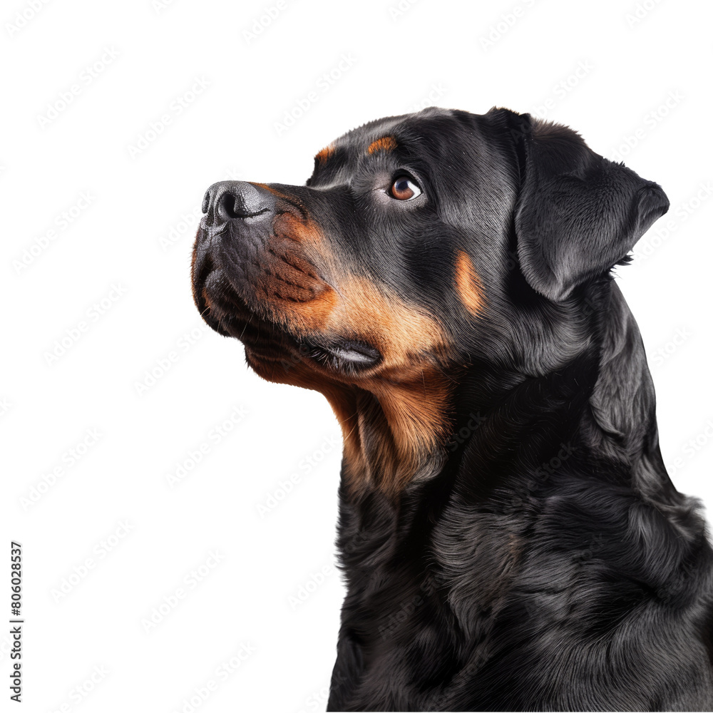 A Rottweiler, powerful dog that is often used as a guard dog. It is a loyal and protective breed that makes a great family pet