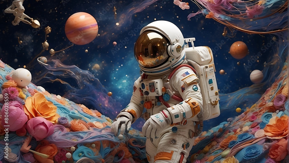 Futuristic space scene with a spaceship and an astronaut exploring the unknown