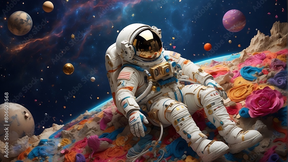Futuristic space scene with a spaceship and an astronaut exploring the unknown Futuristic space scene with a spaceship and an astronaut exploring the unknown