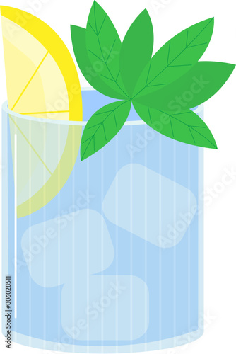 Vector glass with water, mint and lemon flat illustration. Mojito in a glass with lemon and mint. (ID: 806028511)