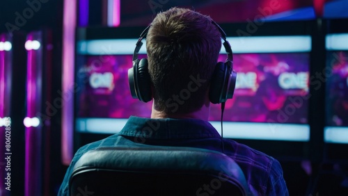 Game Show contestant with headphones in front of neon light monitors photo