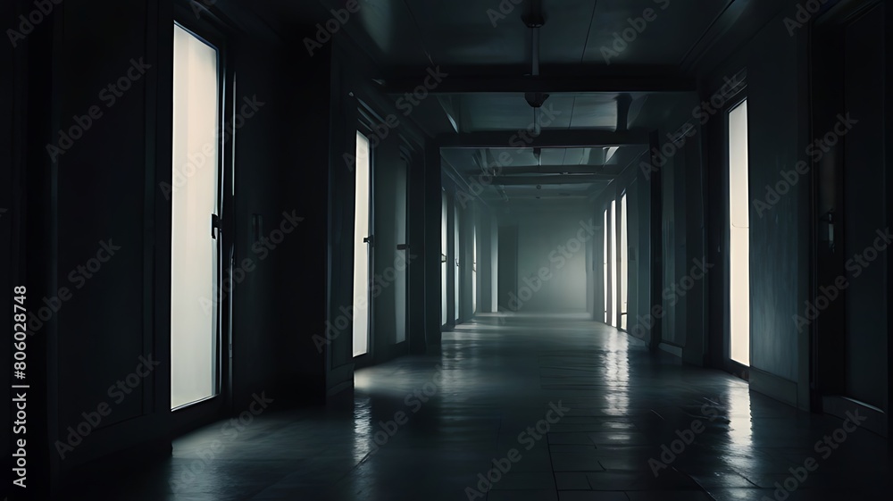 Long empty hallway with doors lining both sides, bathed in soft light, creates a sense of perspective in this office building interior