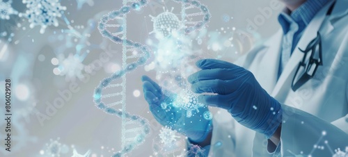 A scientist in white coat and blue gloves holds an holographic model of DNA, surrounded by futuristic technological elements photo