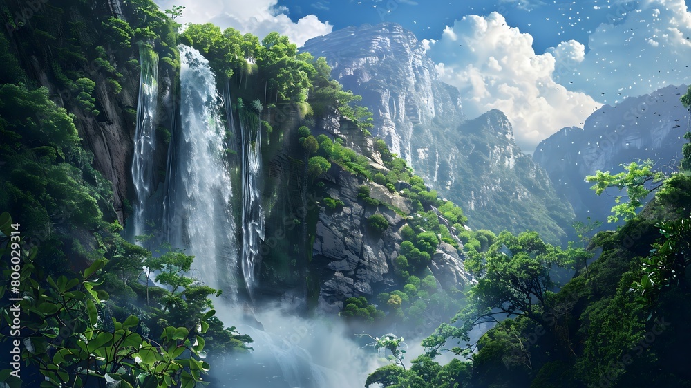  A cascading waterfall tumbling down a sheer cliff face, surrounded by lush greenery and framed by rugged mountain peaks. . 
