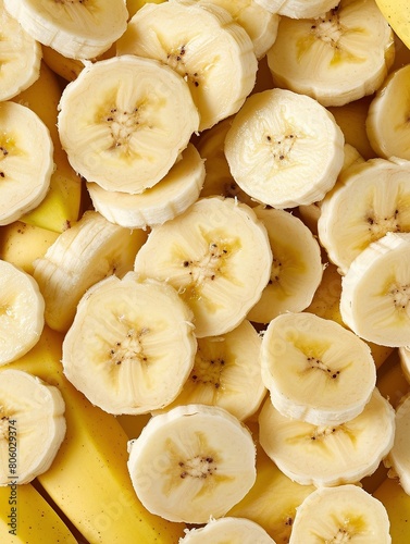 Freshly Sliced Bananas, Close-Up, Displaying Ripe and Healthy Yellow Banana Slices, Emphasizing a Sweet and Nutritious Snack Option.