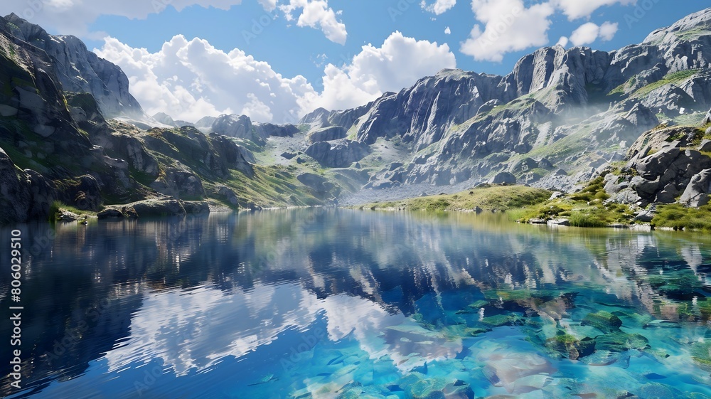  A crystal-clear alpine lake nestled between rugged cliffs, reflecting the azure sky above like a flawless mirror. . 
