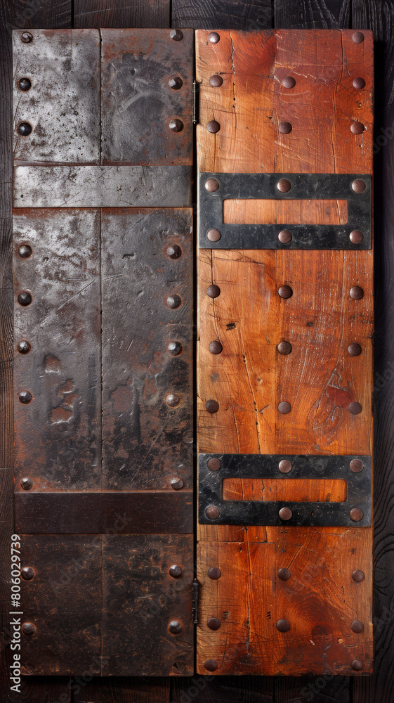 Two pieces of wood with metal fasteners, one of which is a door