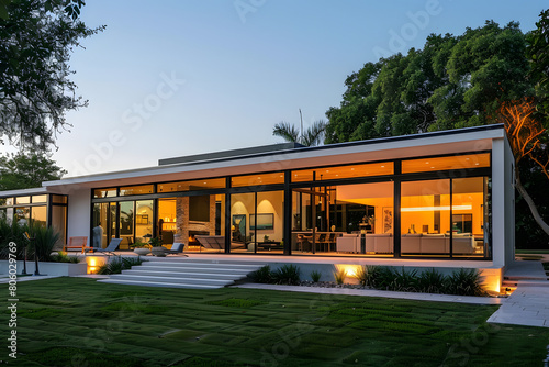 Modern minimalist home at twilight, featuring clean lines and large windows that show the warm interior lighting against the dusk sky