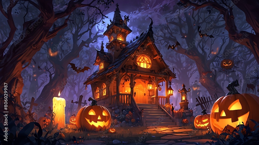 Spooky halloween illustration with a pumpkin under a full moon on a dark autumn night