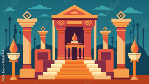 An elaborate temple with pillars carved with stoic symbols and scrolls stacked high on altars as offerings to the gods.. Vector illustration