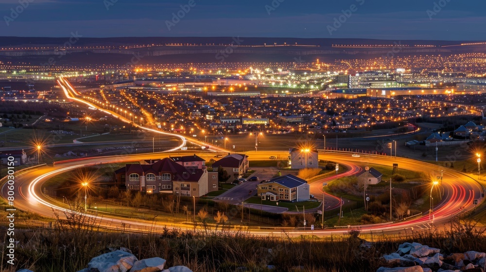 Fototapeta premium Nighttime long exposure of a road. A vibrant long exposure shot capturing the dynamic lights of cars traversing a road at night, reflecting the urban pulse