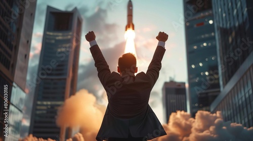 A man in a suit is celebrating as a rocket launches into the sky