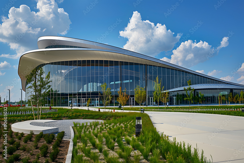 Fototapeta premium State-of-the-art sports complex with a sweeping, aerodynamic design, emphasizing energy and movement