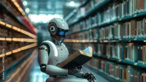 Artificial intelligence robot that is a reader Sitting and reading in the library with books all over the bookshelves.