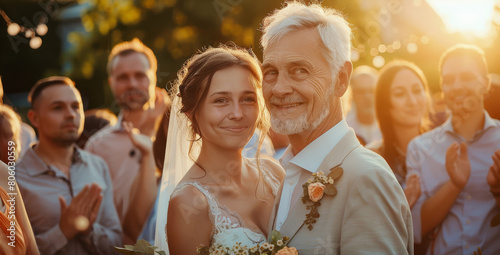 An young bride and old groom stand in wedding dresses surrounded by guests clapping hands and laughing. Age gap wedding
