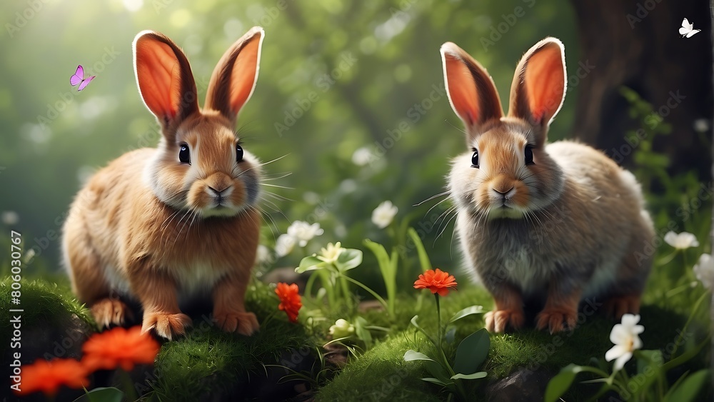 Fluffy white rabbit family in green grassy garden Fluffy white rabbit family in green grassy garden