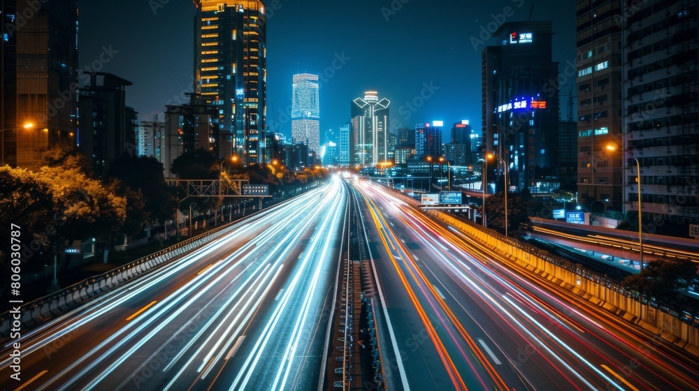 Obraz premium Nighttime long exposure of a road. A vibrant long exposure shot capturing the dynamic lights of cars traversing a road at night, reflecting the urban pulse