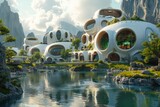 Serene lakeside with futuristic buildings nestled among rocky outcrops, reflecting sustainable design powered by geothermal energy, futuristic city powered entirely by geothermal energy,