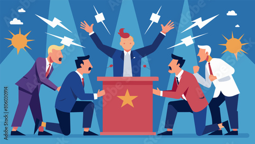Leaders arguing and debating in a government assembly sparks flying as they clash over policies and decisions..