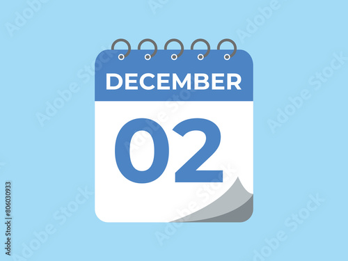 December 2 calendar reminder. 2 December daily calendar icon template. Calendar 2 December icon Design template. Vector illustration
