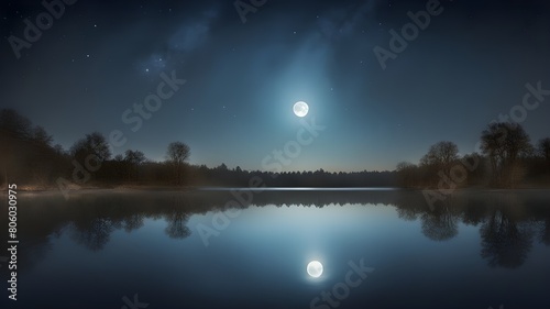  a serene night sky reflected in a calm, glassy lake.