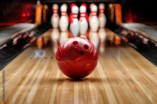 A bowling ball striking pins at the end of a lane, captured against a strike action black background with copy space for league promotions or bowling tips